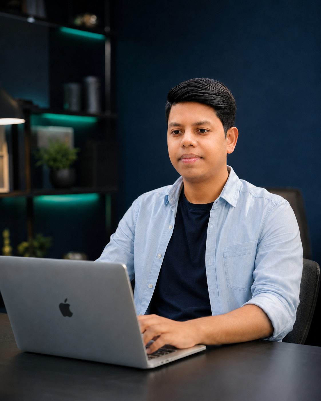 Tabish Khalid working at a desk on a MacBook
