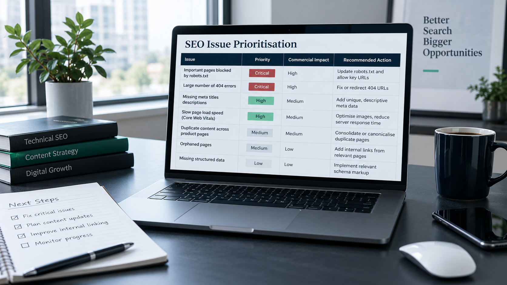 SEO issue prioritization by commercial impact and urgency