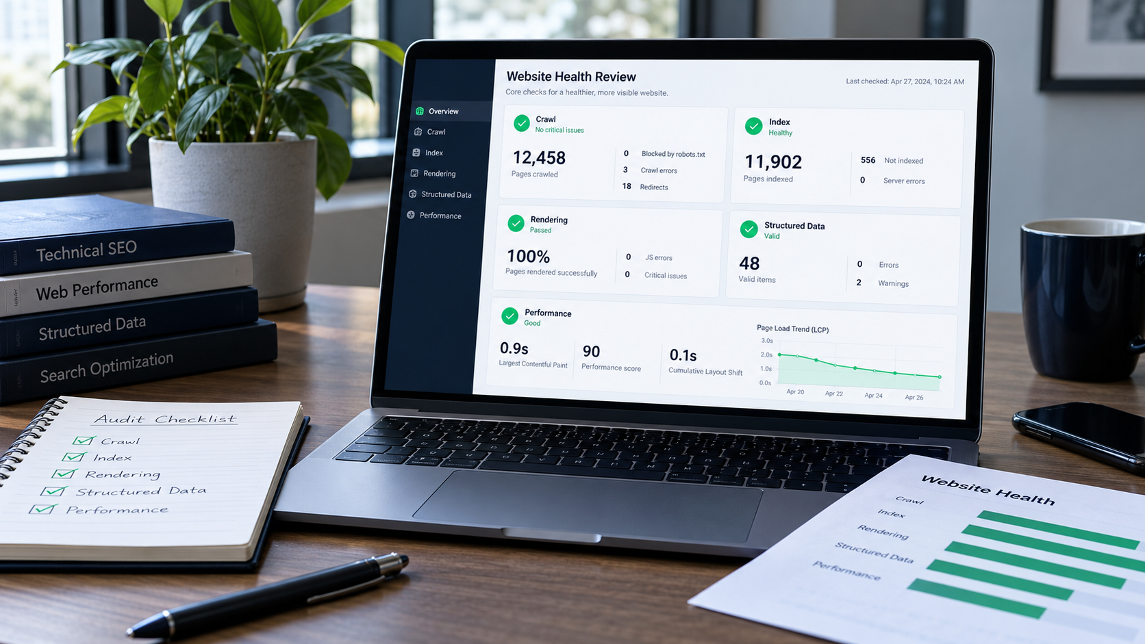 Technical SEO health review covering crawl, index, rendering and performance