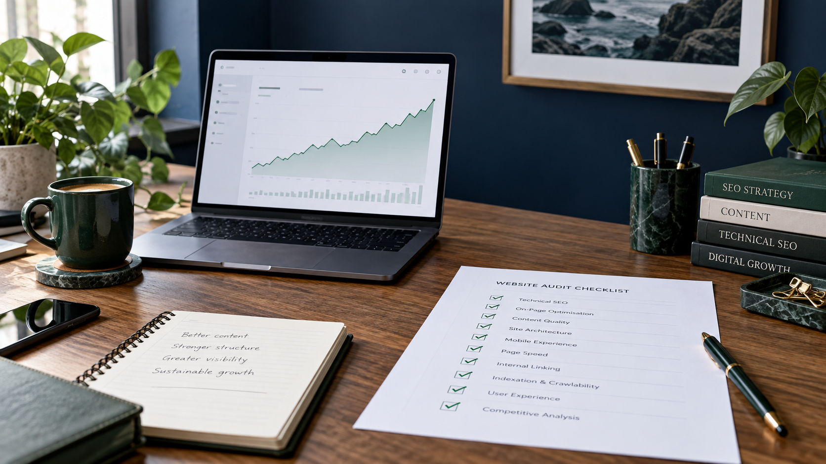 SEO audit checklist beside a search performance workspace