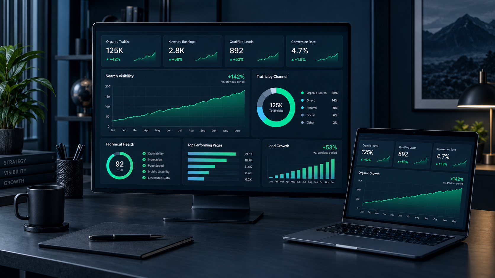SEO performance workspace showing search and conversion reports