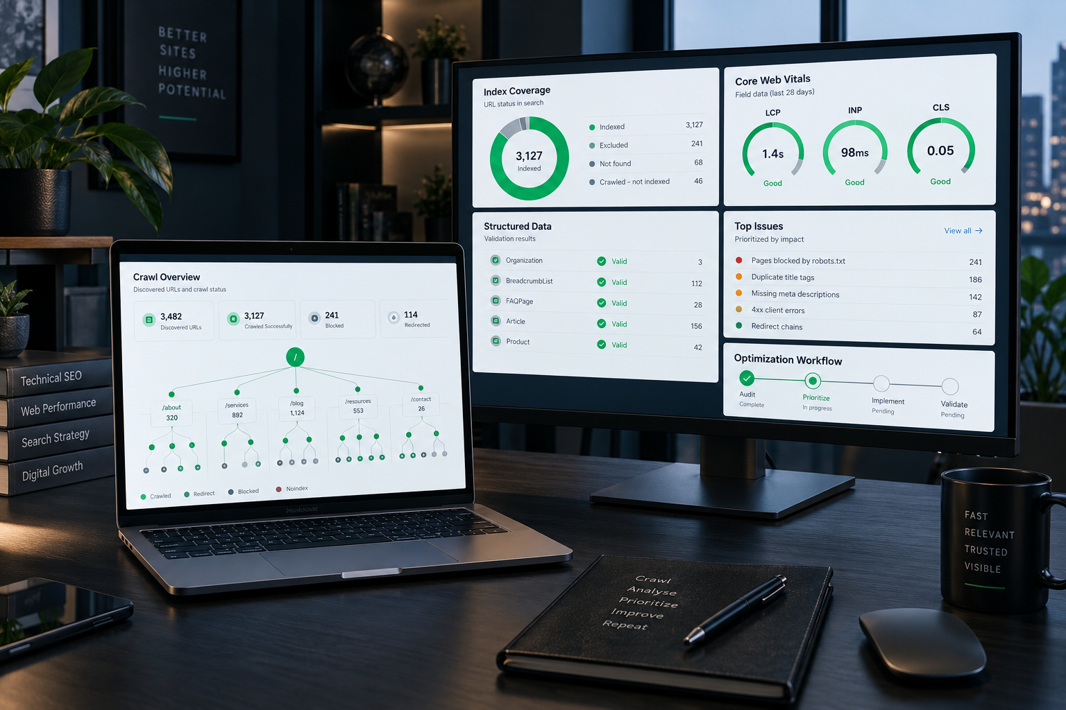 Technical SEO workspace with crawl, index coverage and page experience reports